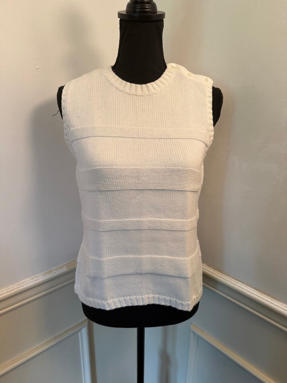 Vintage Talbots Cotton Knit Sweater Tank White Button Shoulder Textured Preppy